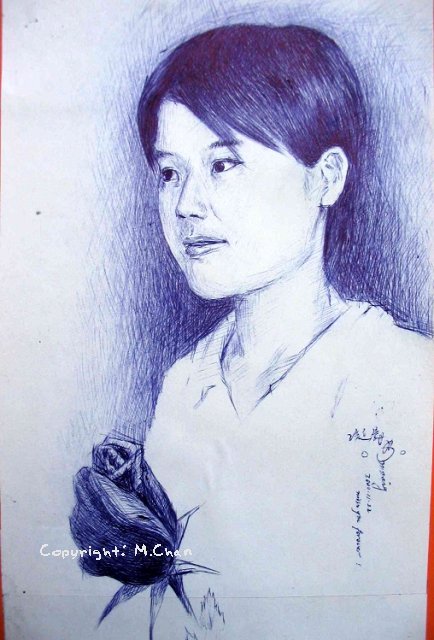 原子筆素描《玫瑰·女孩》